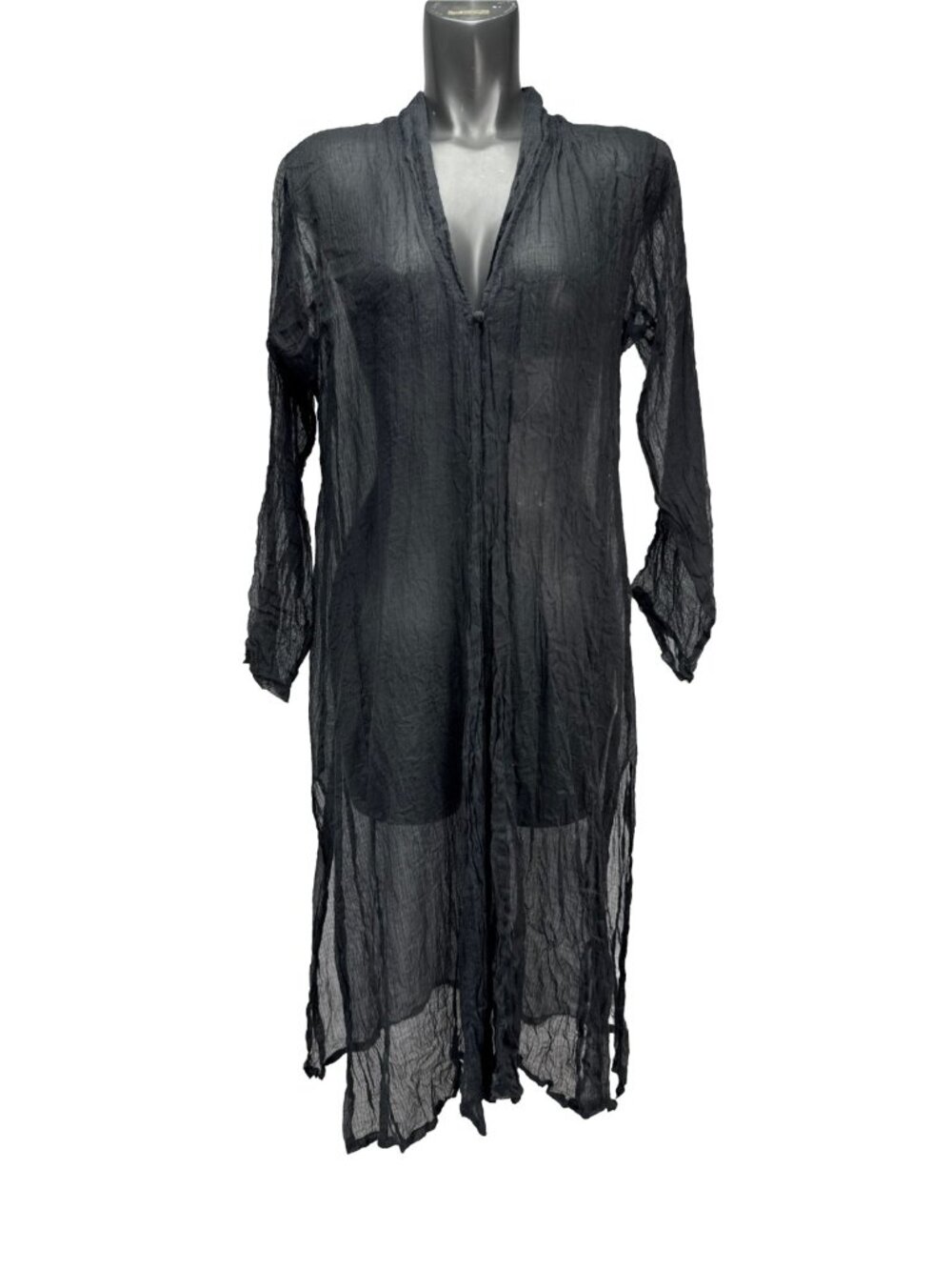 ANOKHI FOR EAST Black Sheer Cotton Silk Single Button Side Slit Longline Tunic L